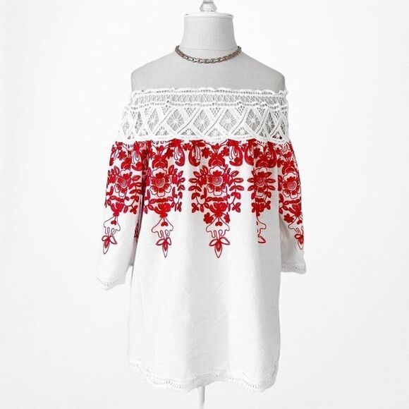 White Off The Shoulder Floral Lace Babydoll Style Cutout Blouse Top Dress Size M - Picture 3 of 6